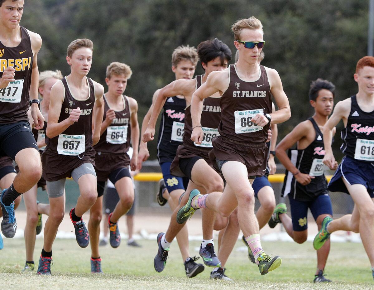 St. Francis' Stuart Serventi runs with the pack at the start of the boys' Mission League race at the 2019 Mission/Sunshine Cross Country #2 at Crescenta Valley Regional Park on Tuesday, October 15, 2019.
