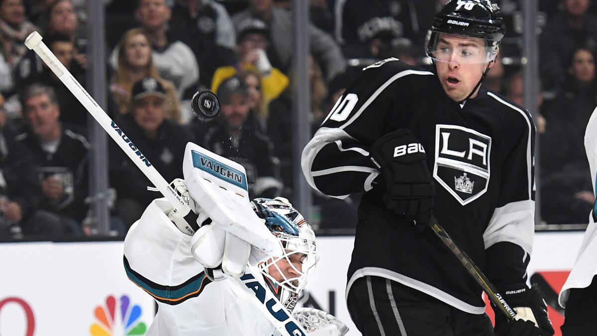 Kings forward Tanner Pearson tries to deflect a teammate's shot but Sharks goalie Martin Jones was able to make the save in the first period Wednesday night.