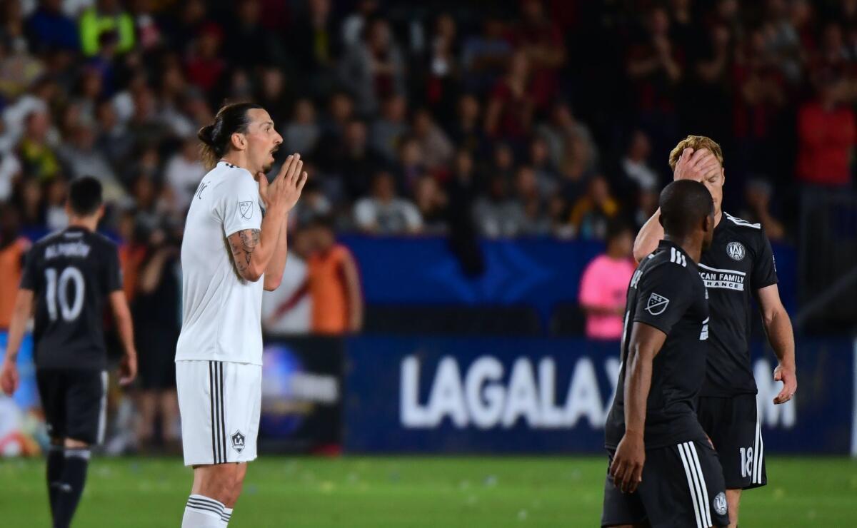 Zlatan Ibrahimovic of LA Galaxy reacts to a call from the referee against Atlanta United during their Major League Soccer match in Carson, California on April 21, 2018. Atlanta defeated LA 2-0.
