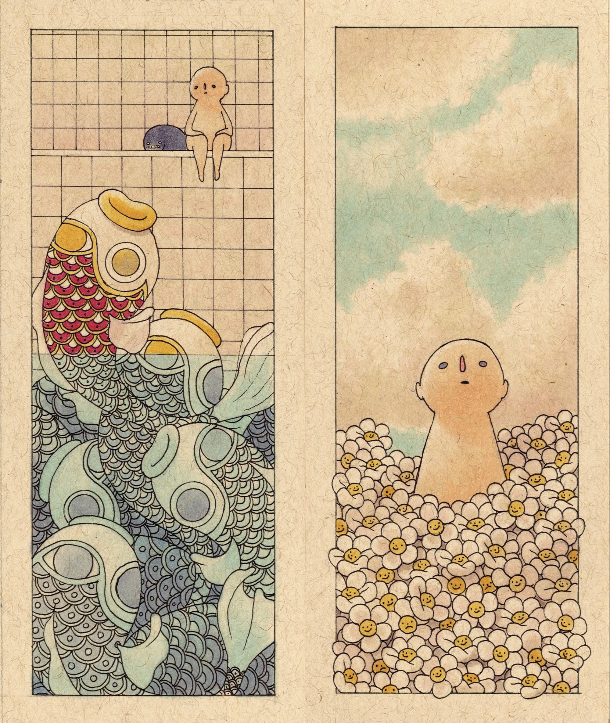 Illustrations of a seated person above a Japanese-style fish and a person in a field of daisies.