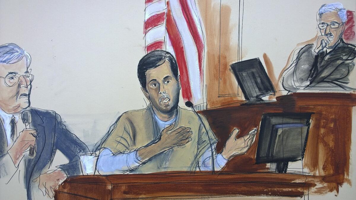 In this courtroom sketch, Turkish-Iranian gold trader Reza Zarrab, center, testifies that he helped Iran evade U.S. economic sanctions with help from Turkish banker Mehmet Hakan Atilla.