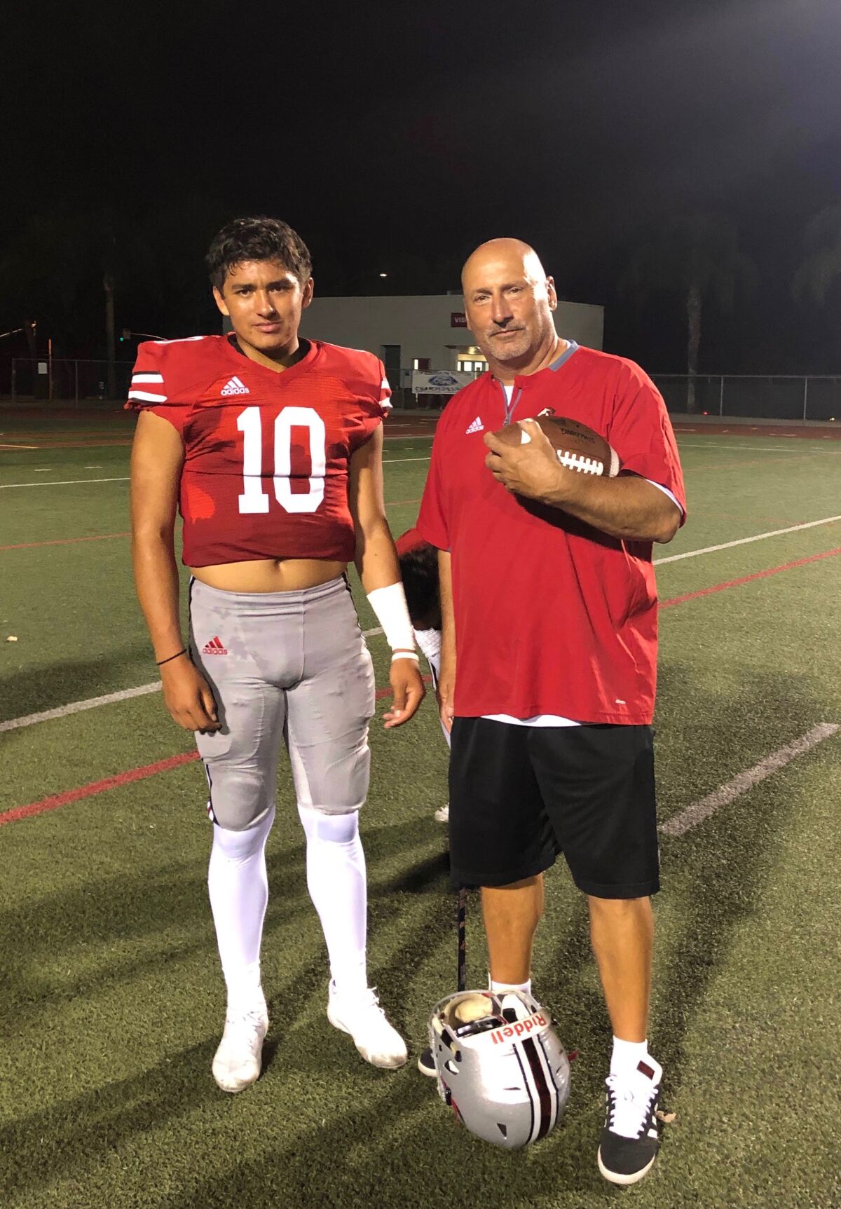 Rancho Verde quarterback AJ Duffy (and his father, coach Pete Duffy.