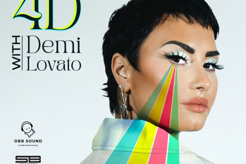 A person with rainbow rays cascading from their eye and text in the corner that reads "4D with Demi Lovato"