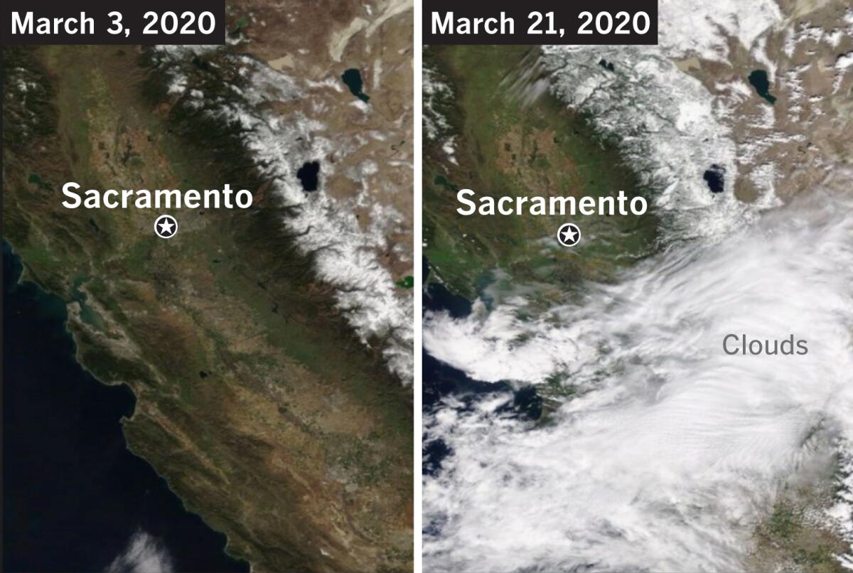 Satellite photos from the National Weather Service office in Sacramento show increased snow cover in the northern Sierra Nevada since the beginning of March. Clouds obscure part of the photo on the right.