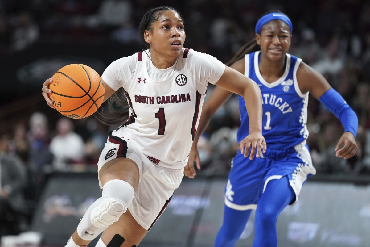 South Carolina guard Zia Cooke dribbles the ball during the first half of an NCAA college basketball game against Kentucky Sunday, Jan. 9, 2022, in Columbia, S.C. South Carolina won 74-54. (AP Photo/Sean Rayford)