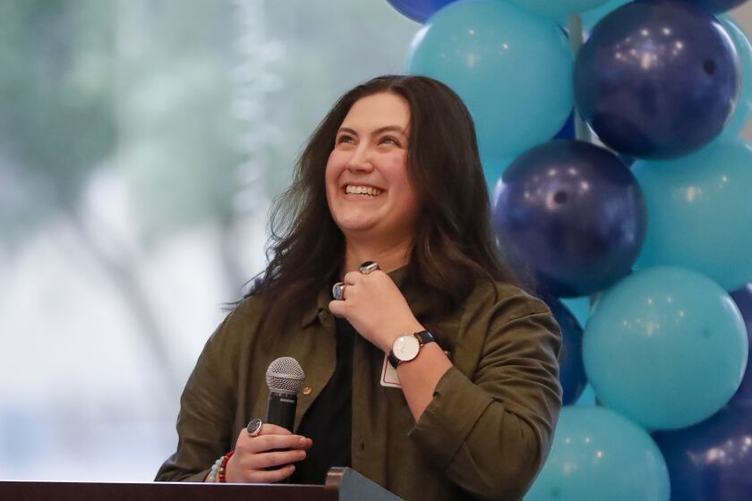 An emotional Sohia Alcaraz, talks about how the Waymakers program saved her life, during the Waymakers 50th anniversary reception on Thursday at UCI.