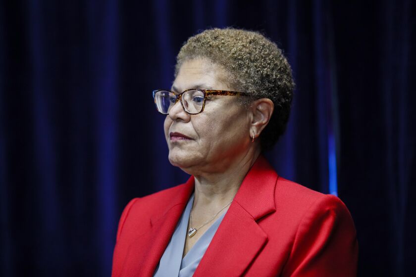 Los Angeles, CA, Friday, February 17, 2023 - LA Mayor Karen Bass along with FBI, LAPD and Jewish community leaders at a press conference announcing the arrest of Jaime Tran for the attempted murder of two people outside separate synagogues. (Robert Gauthier/Los Angeles Times)