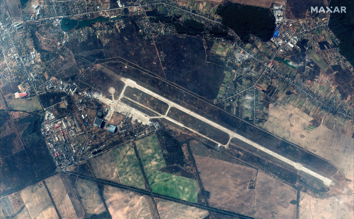 In this satellite image is an overview of the Antonov Airport, in Hostomel, Ukraine, on Thursday, March 31, 2022.