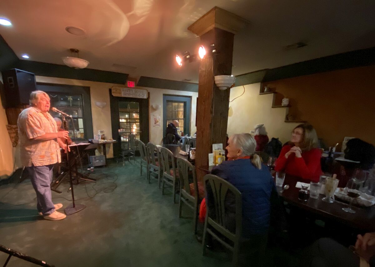 About 20 to 30 people attend OpenMic Cabaret every Monday night at Hennessey's Tavern in La Jolla.