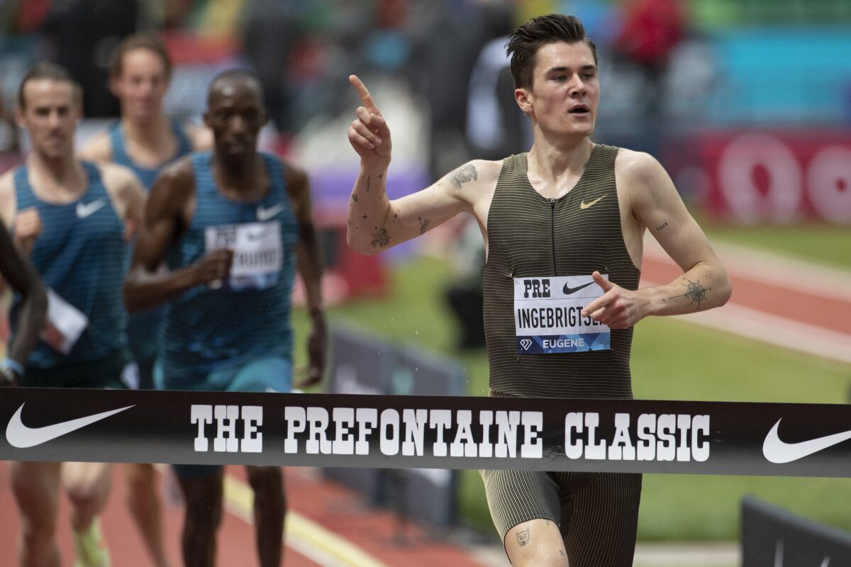 Norway's Jakob Ingebrigtsen wins the Bowerman Mile during the Prefontaine Classic in Eugene, Ore., in May.
