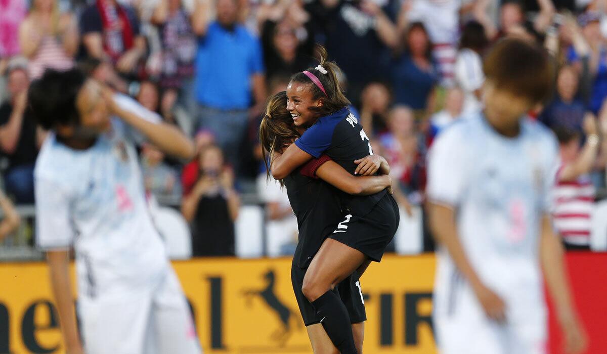 Mallory Pugh, right, celebrates with U.S. teammate Alex Morgan after a goal against Japan on June 2.