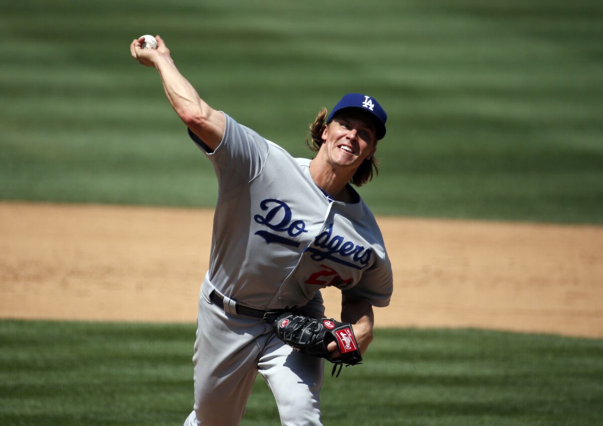 Starting pitcher Zack Greinke of the Los Angeles Dodgers pitches