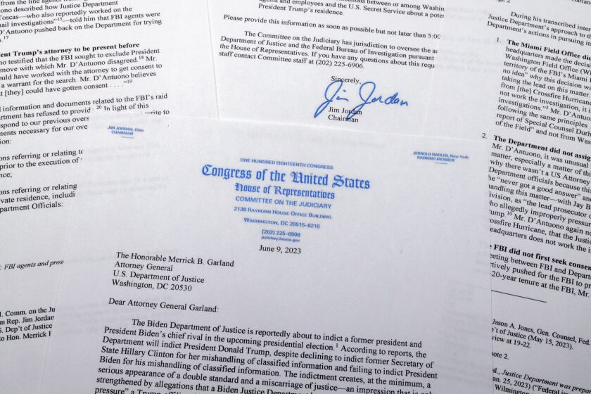 A letter that House Judiciary Committee Chairman Jim Jordan, of Ohio, wrote on June 9, 2023, to Attorney General Merrick Garland is photographed in Frederick, Md. Former President Donald Trump’s indictment on charges of mishandling classified documents is set to play out in federal court in Florida. But thousands of miles away in Washington, part of Trump’s defense is well underway in a different venue — the halls of Congress, where Republicans have been preparing for months to wage an aggressive counter-offensive against the Justice Department. (AP Photo/Jon Elswick)