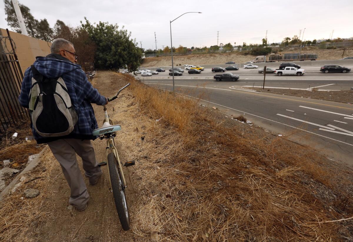 Housing advocates argue that homeless Angelenos are already living near freeways. In L.A.'s Sun Valley neighborhood, Joe Carmelo has a campsite along the 5 Freeway, not far from the site of the planned senior veteran apartments.