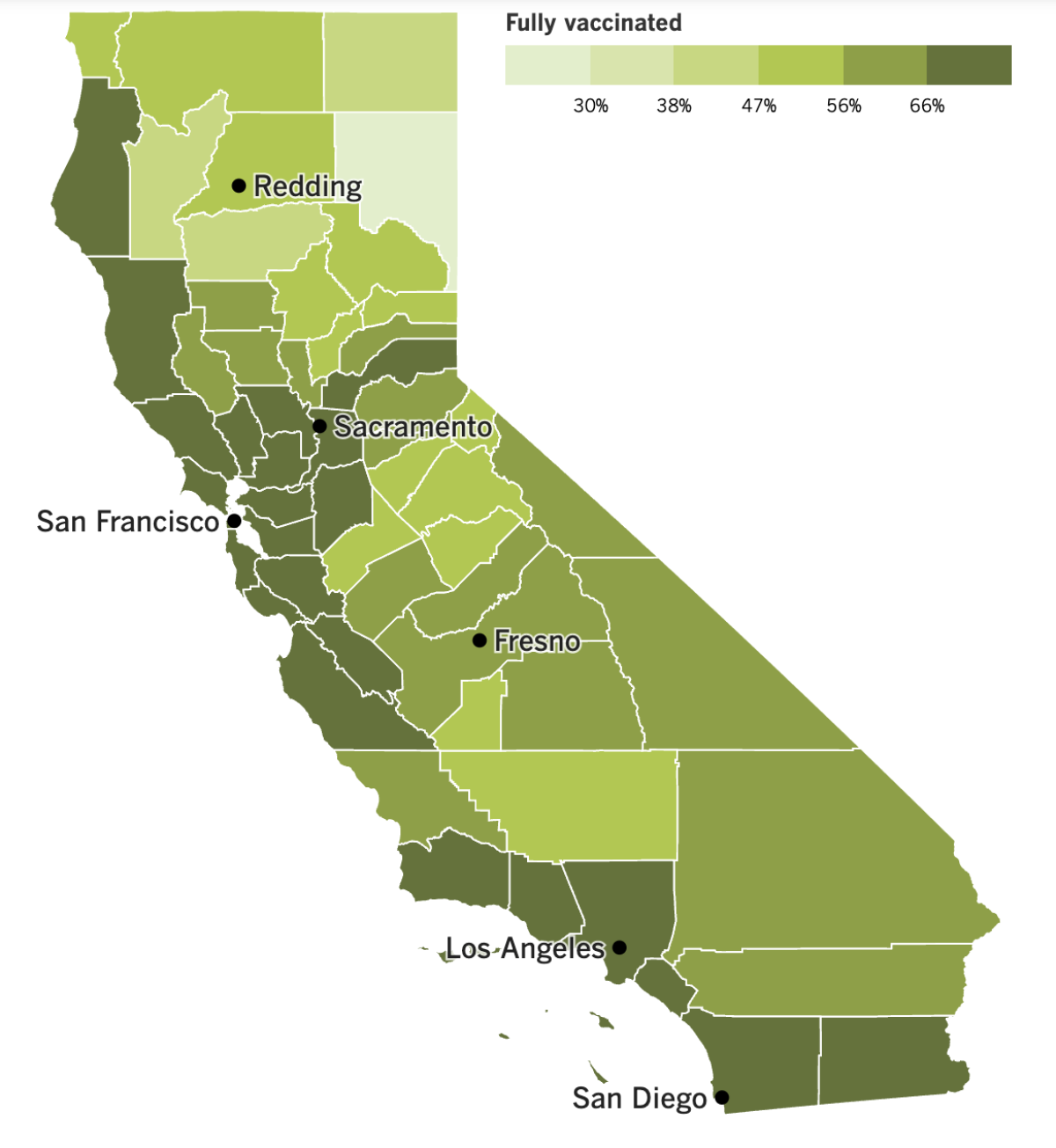 A map showing California's COVID-19 vaccination status  by county as of Dec. 20.