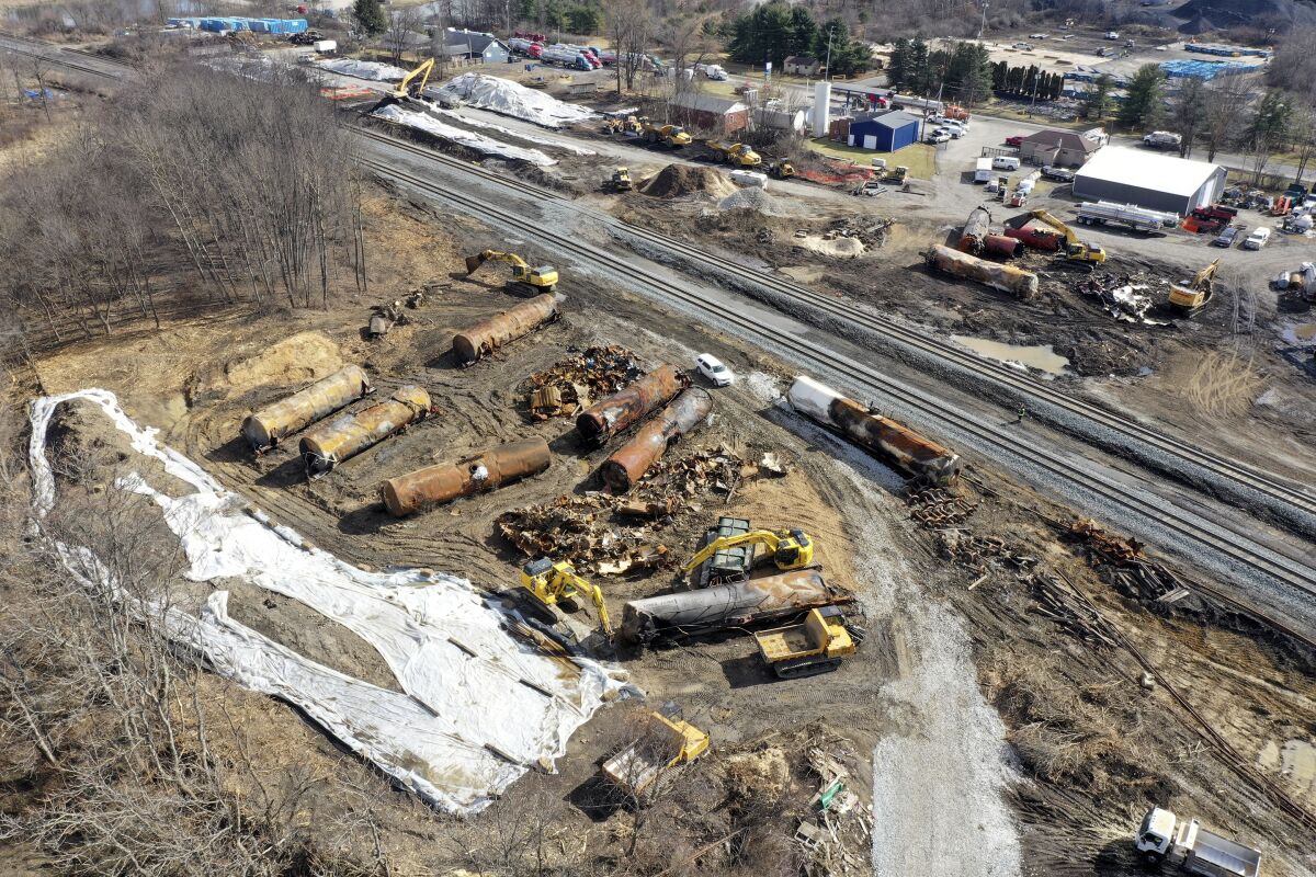 Aerial view of cleanup at train derailment site in East Palestine, Ohio