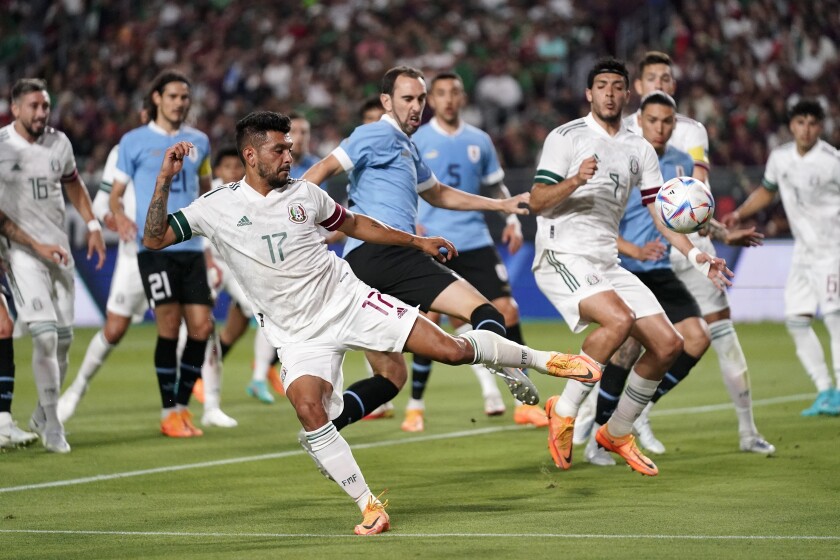 Mexico midfielder Jesus Corona (17) blocks a corner kick by Uruguay during the second half 