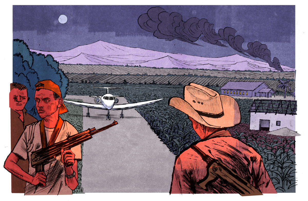 An illustration of an airplane on a runway and armed men in the foreground.