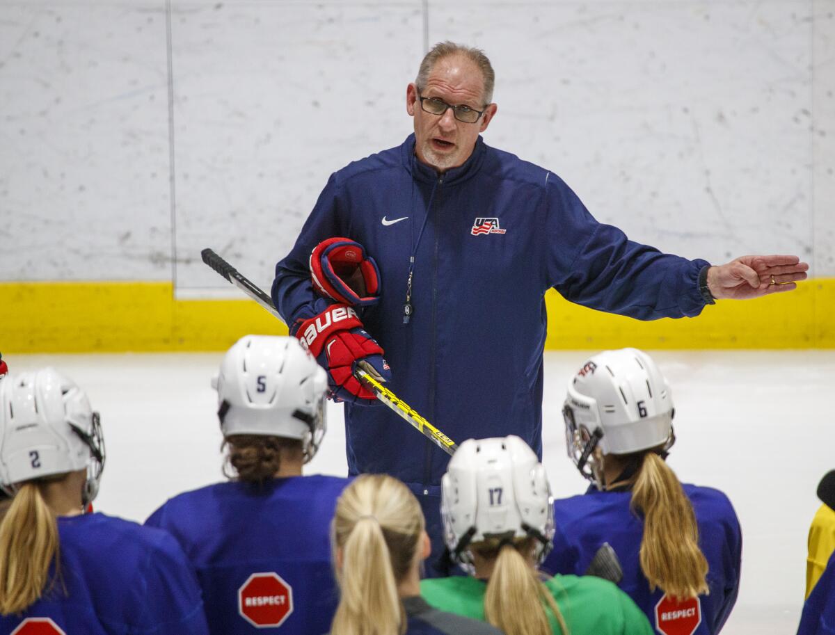 Bob Corkum, head coach of the U.S. Women's National Hockey Team, coached the team at the start of training camp at Great Park Ice in Irvine on Wednesday.
