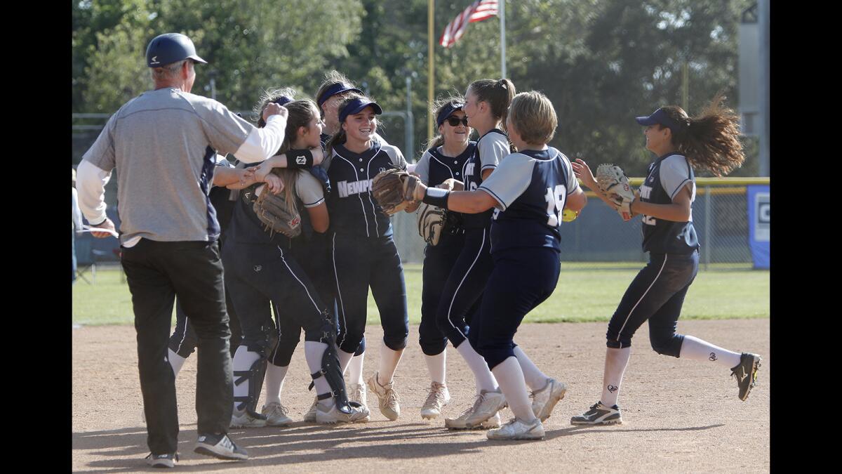 Newport Harbor High celebrates after defeating Ocean View 3-2 in the first round of the CIF Southern Section Division 5 playoffs at home on Thursday.