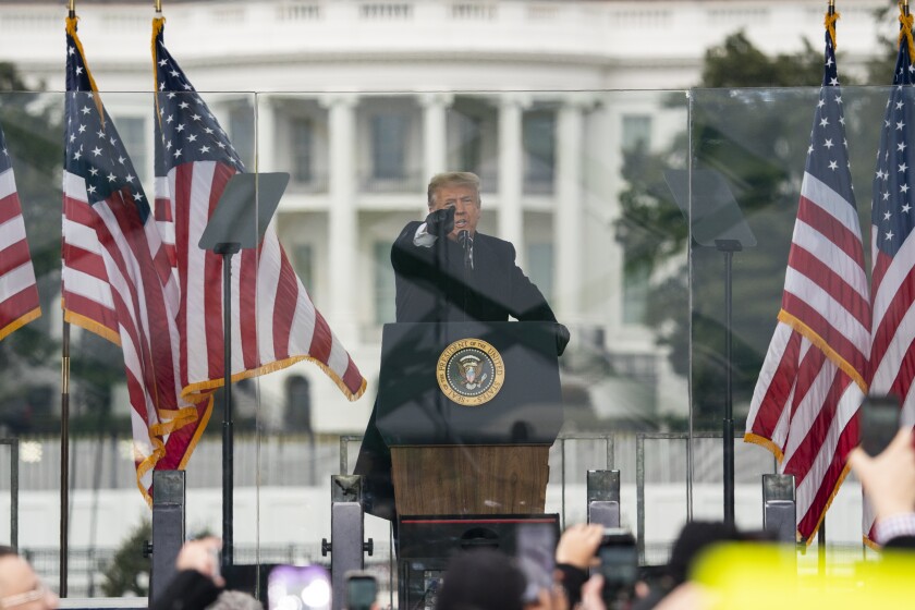 FILE - In this Jan. 6, 2021, file photo President Donald Trump speaks during a rally protesting the electoral college certification of Joe Biden as President in Washington. (AP Photo/Evan Vucci, File)