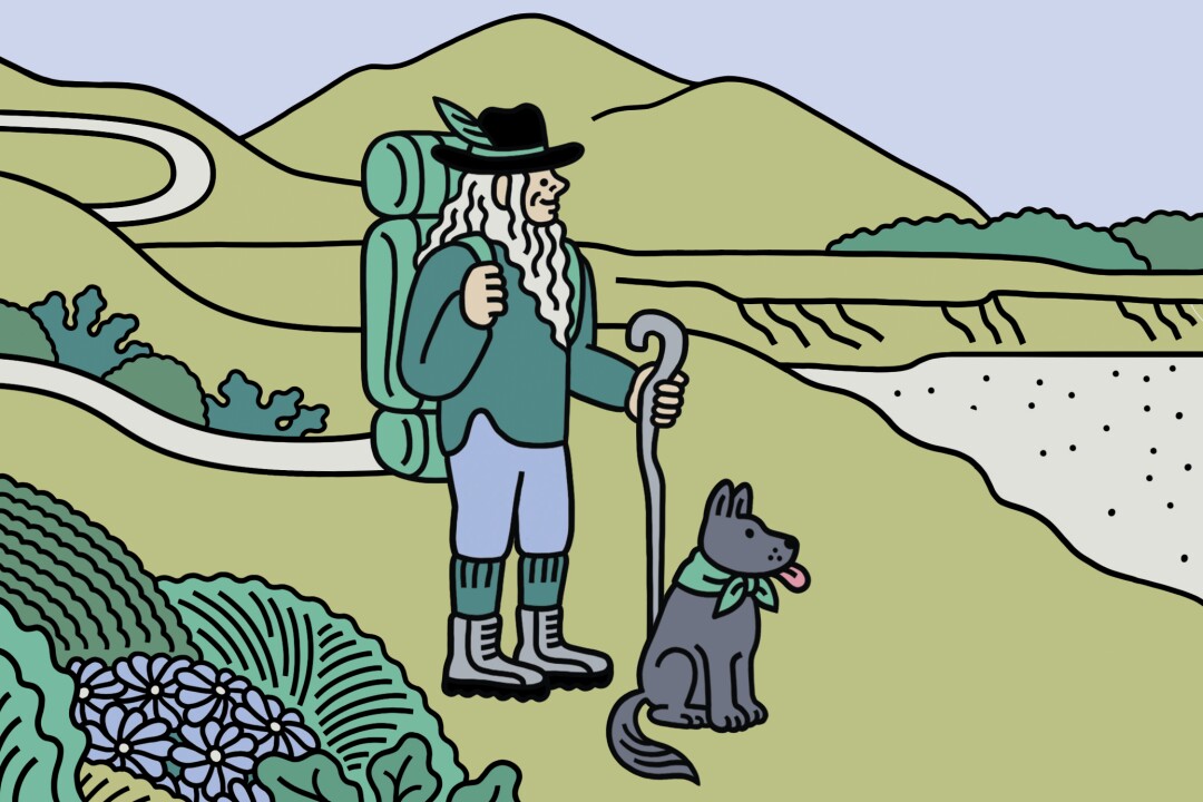An illustration of a man and dog hiking