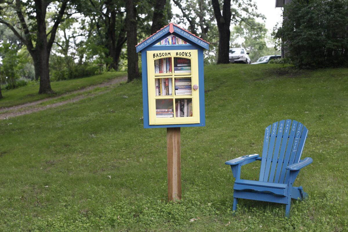 A welcoming Little Free Library in Okoboji, Iowa. Another in Texas has been threatened with demolition.