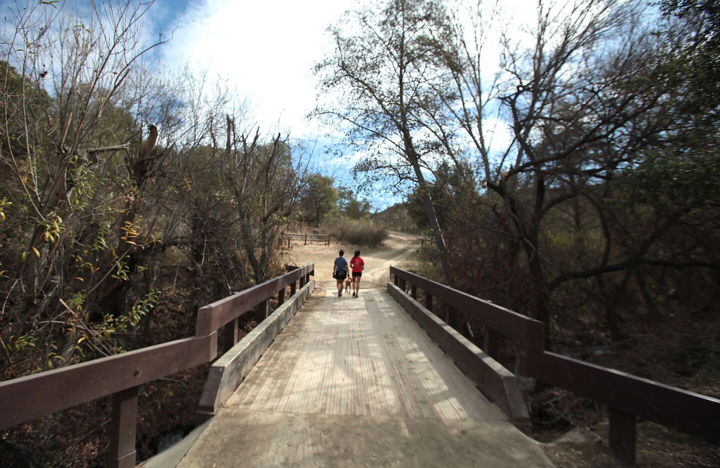 Hikers cross a bridge over the north fork of the Arroyo Conejo to the Indian Creek Trail in Wildwood Park.