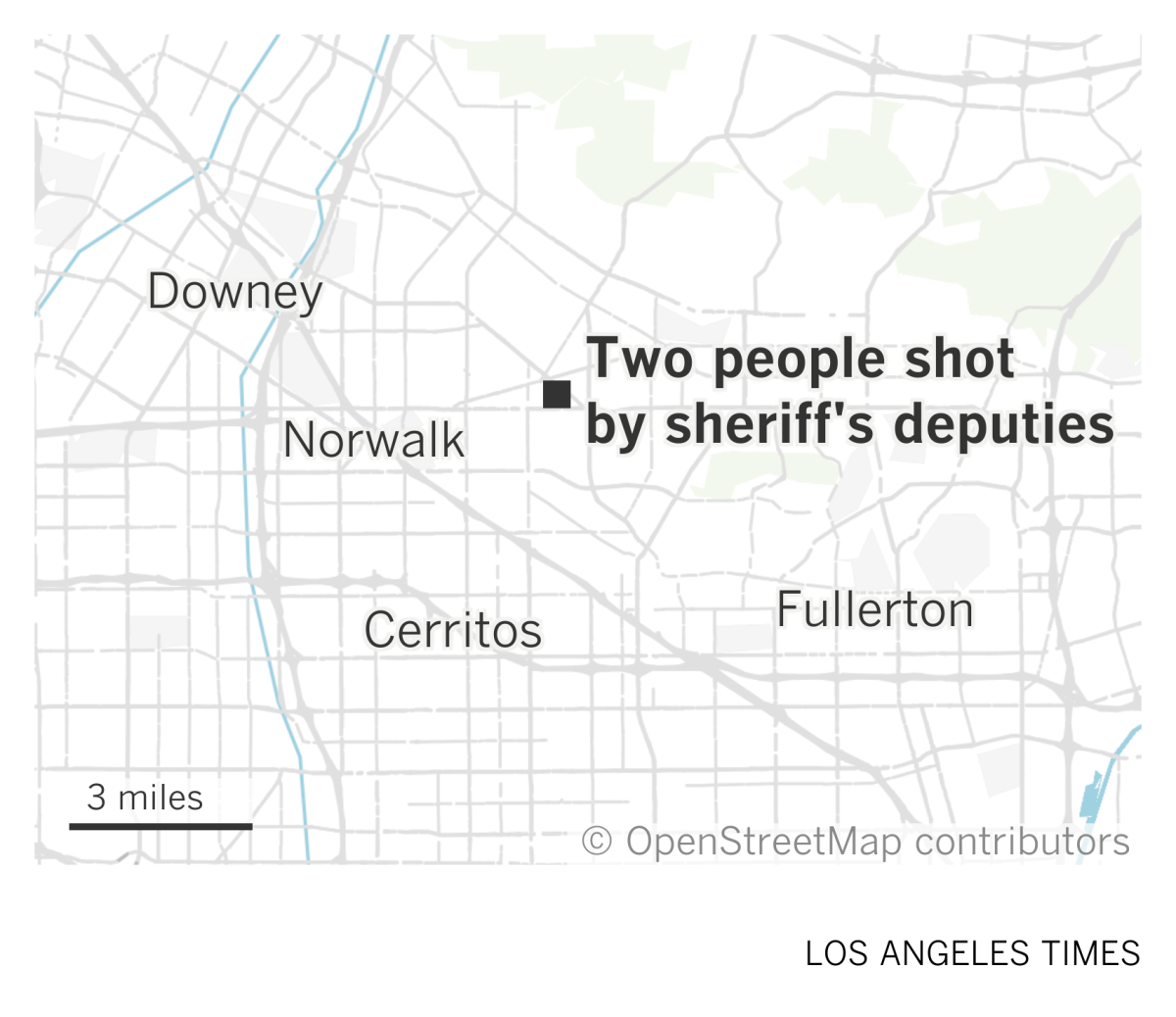 A map shows where two people were shot by sheriff's deputies in an unincorporated area between Norwalk and La Mirada.