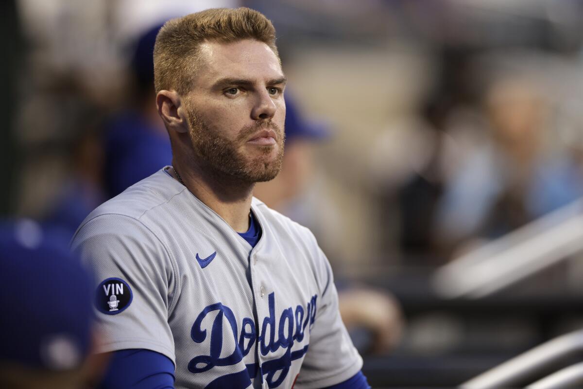 Los Angeles Dodgers first baseman Freddie Freeman looks on before the first inning of a baseball game