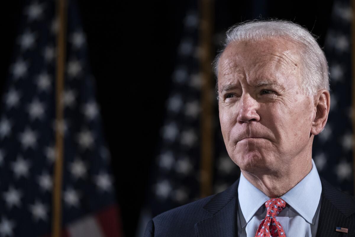 Joe Biden delivers remarks about the coronavirus outbreak, from Wilmington, Del., on Thursday.
