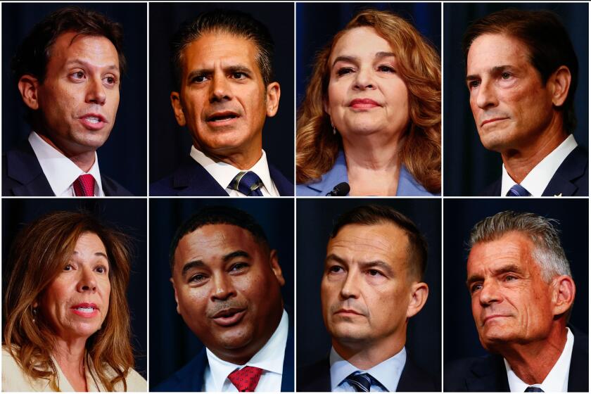 2024 L.A. County District Attorney race candidates, clockwise from top left, Jeff Chemerinsky, Jonathan Hatami, Maria Ramirez, Nathan Hochman, Craig Mitchell, Eric Siddall, John McKinney and Debra Archuleta.