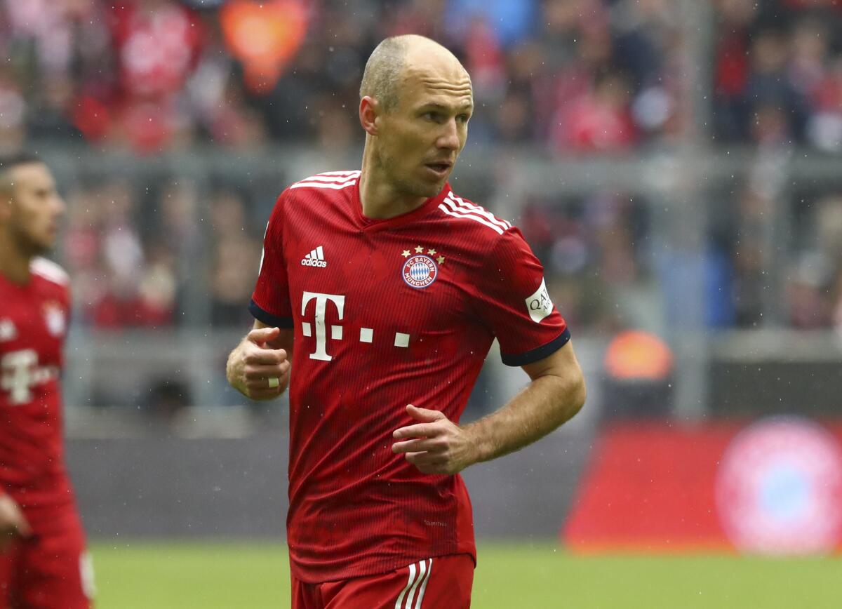 FILE - In this file photo dated Saturday, May 4, 2019, Bayern's Arjen Robben  