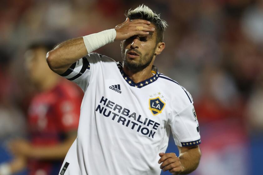 FRISCO, TX - MARCH 04: Gaston Brugman #5 of LA Galaxy reacts after missing a chance.