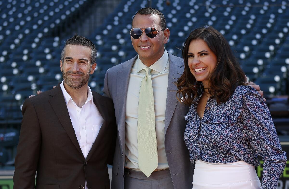 Sports broadcaster Matt Vasgersian, left, poses with ESPN colleagues Alex Rodriguez and Jessica Mendoza.