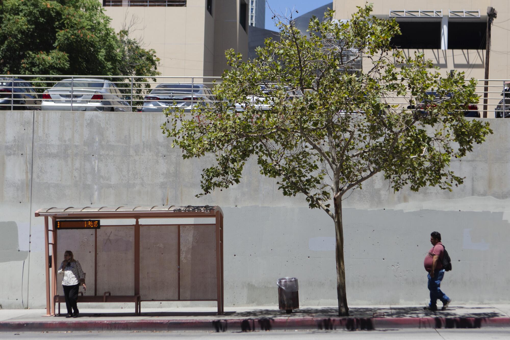 Pedestrians seek shade on North Hill Street on Aug. 2, in downtown Los Angeles