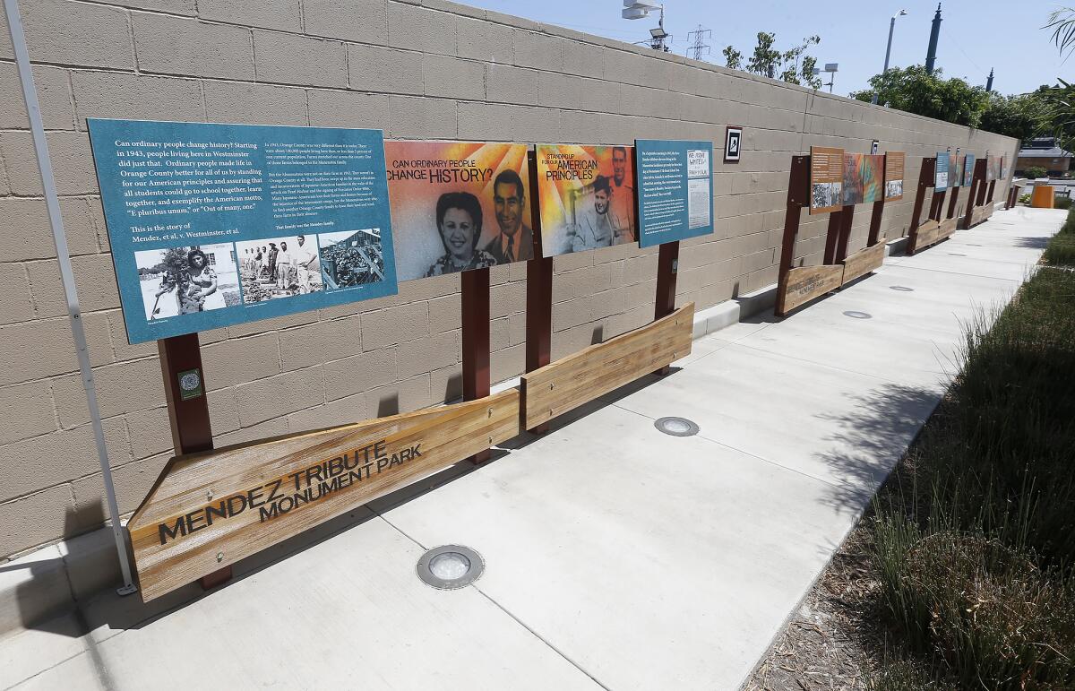 A wall commemorates the legacy of Mendez vs. Westminster at Mendez Monument Park.