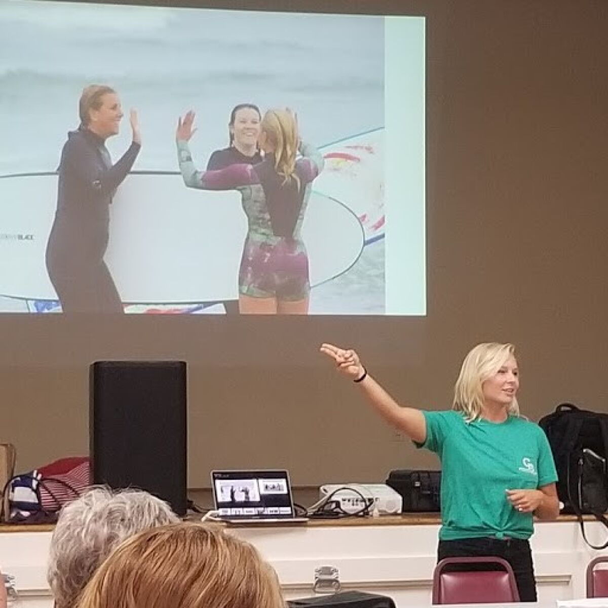 During the OB Town Council meeting, Sept. 25, Groundswell Project founder Natalie Small describes how her ‘surf therapy’ program has helped dozens of local women.