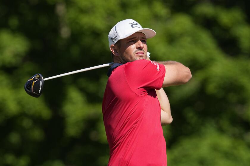 Bryson DeChambeau hits from the 18th tee during the second round of the Memorial tournament June 3, 2022, in Dublin, Ohio.