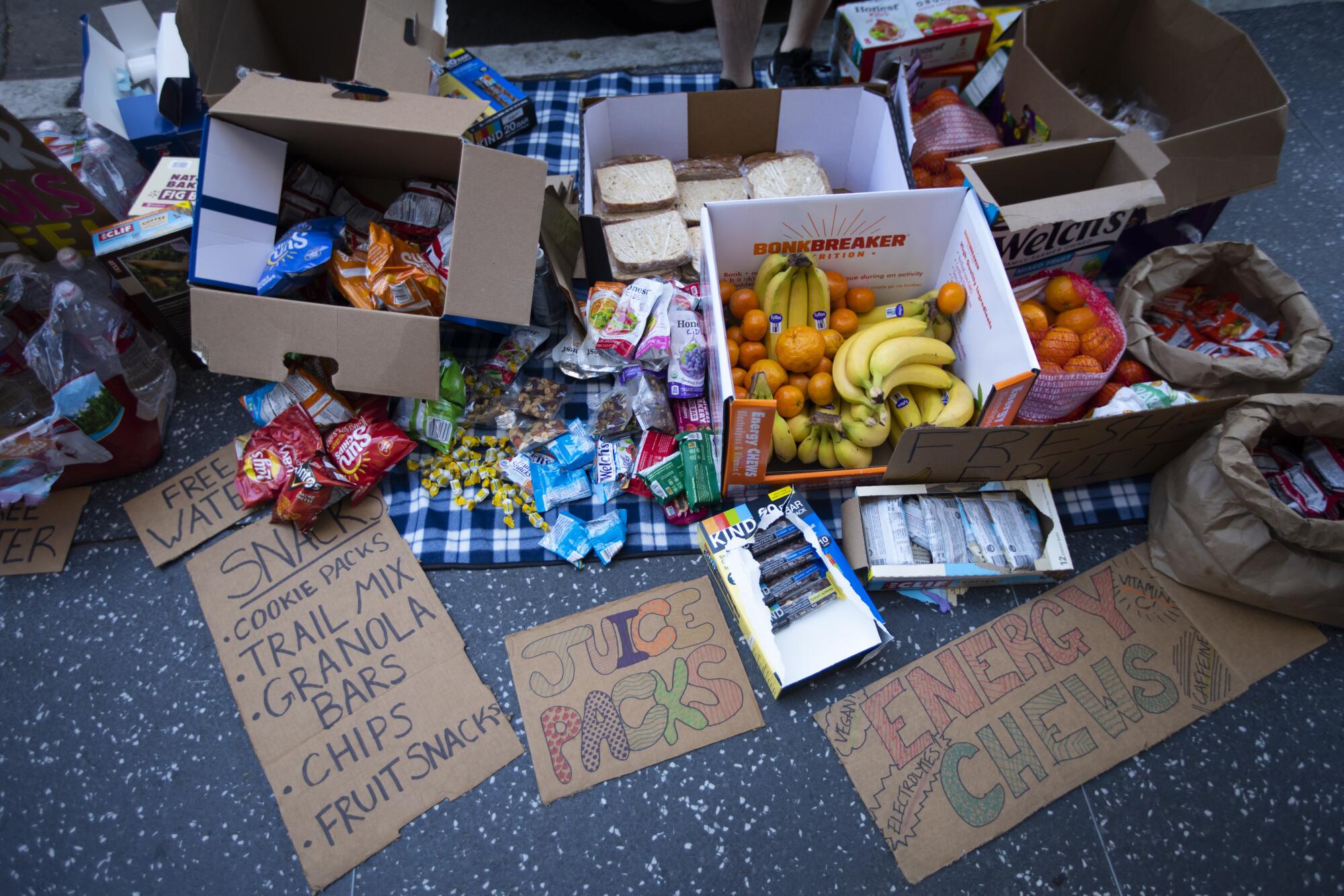 Snacks and water left for protesters in Hollywood on June 7.