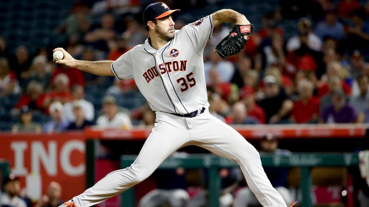 Houston Astros starting pitcher Justin Verlander throws against the Angels during the first inning on Tuesday.