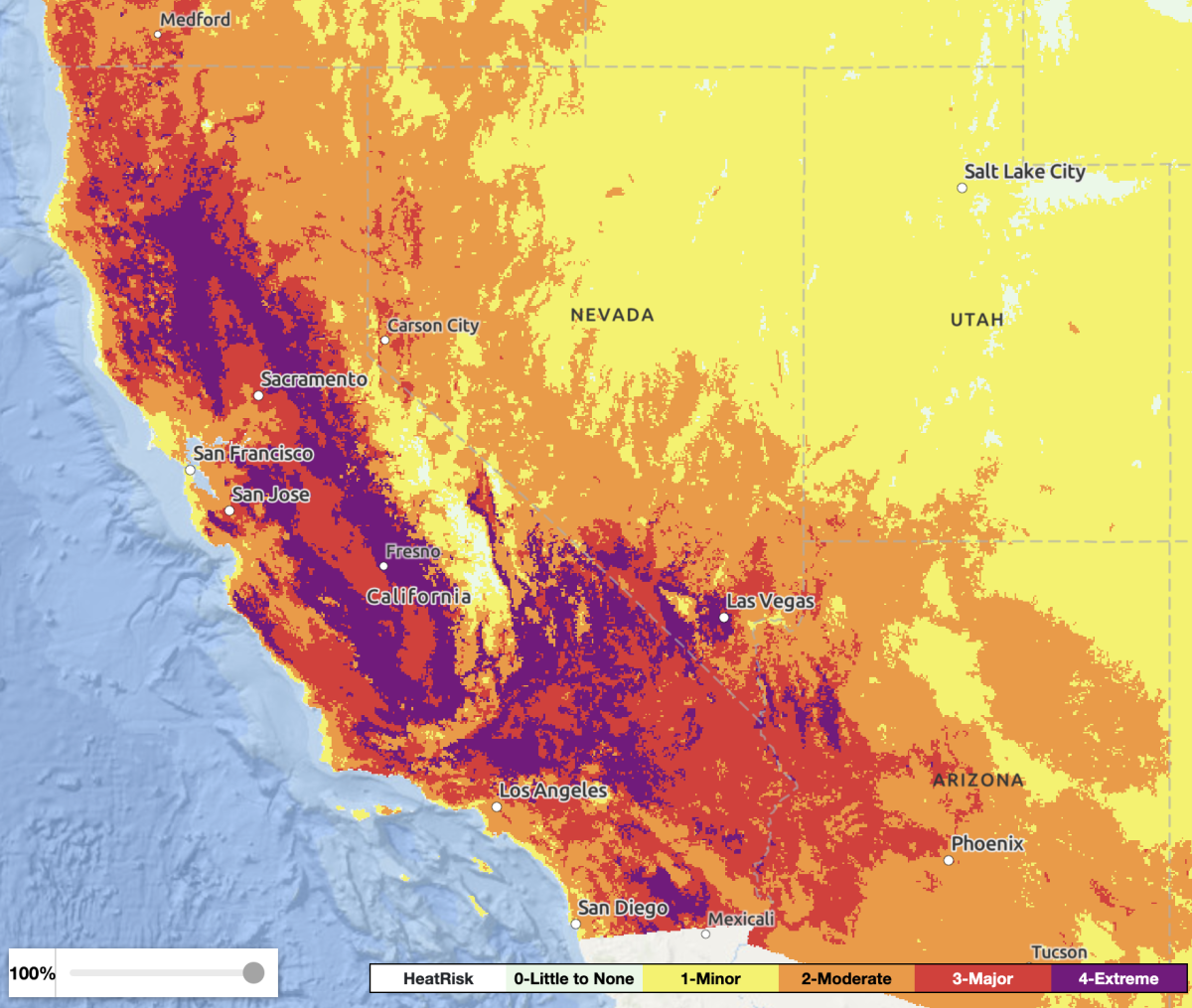 A map of California and adjacent states show yellow, orange, red and magenta areas.