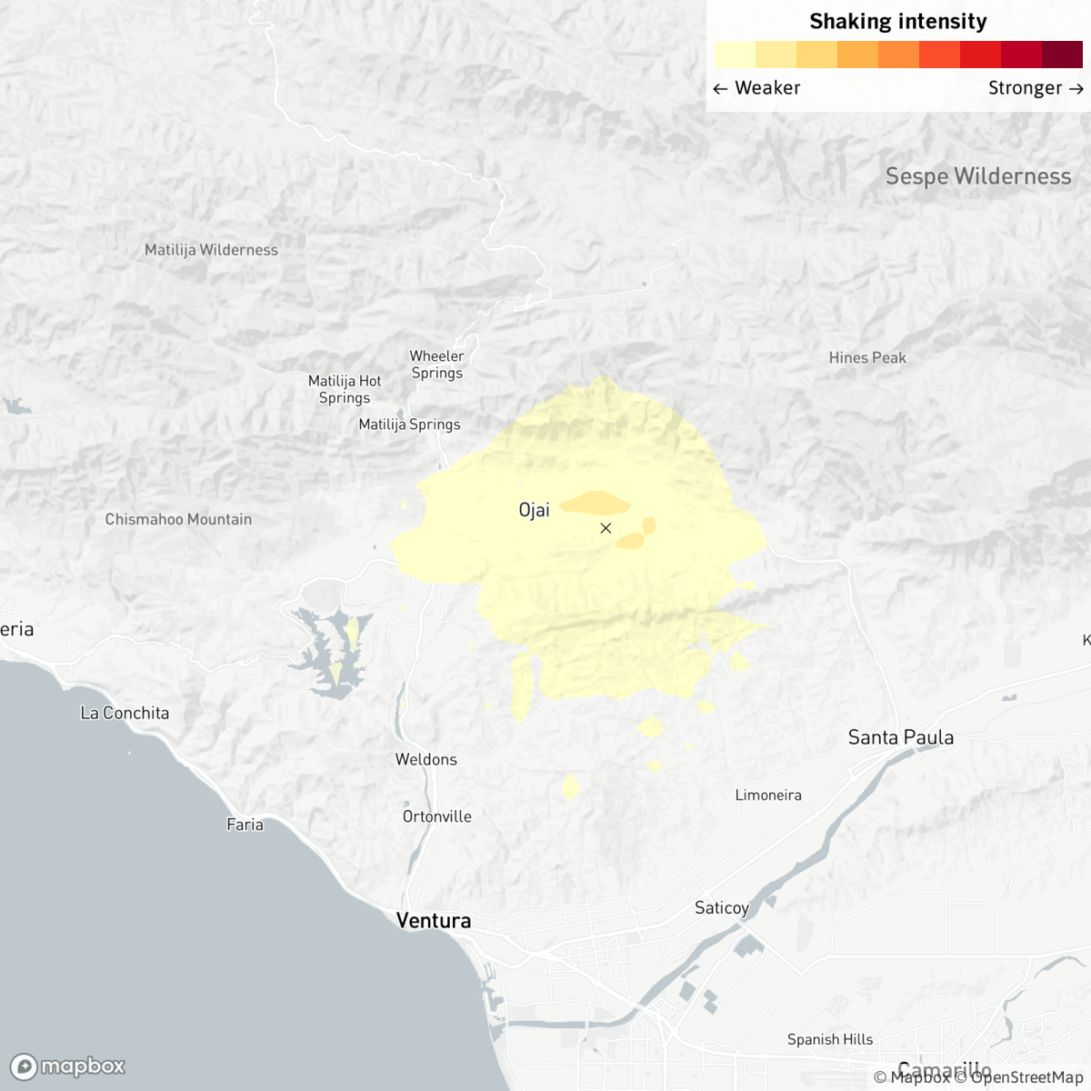 A color-coded map shows the shaking intensity of an earthquake in Southern California.