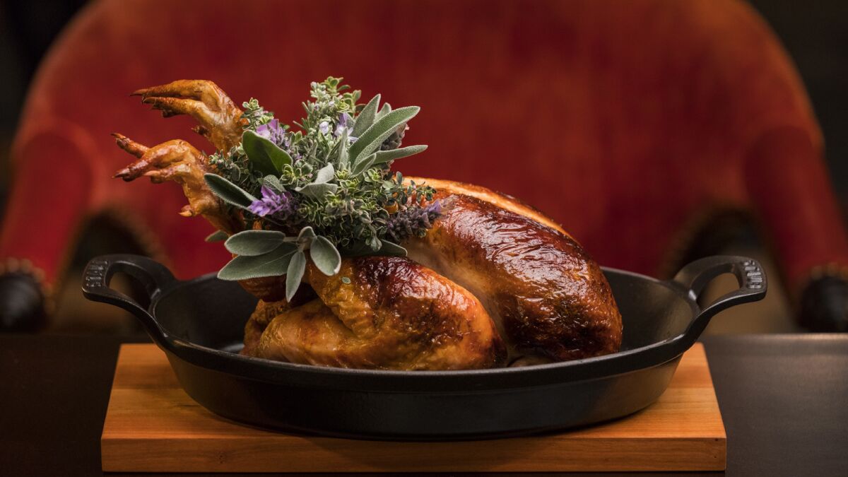 Whole roasted, stuffed chicken served at the Los Angeles NoMad hotel mezzanine restaurant.