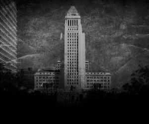 A GIF shows L.A. City Hall and text about the leaked audio scandal, with an invitation to a town hall.