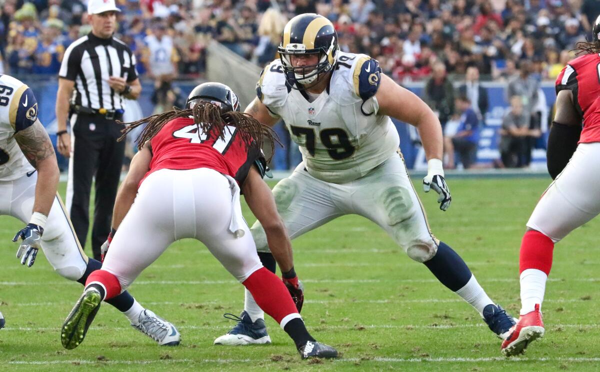 Rams right tackle Rob Havenstein blocks Falcons outside linebacker Philip Wheeler during the second half on Dec. 11, 2016.