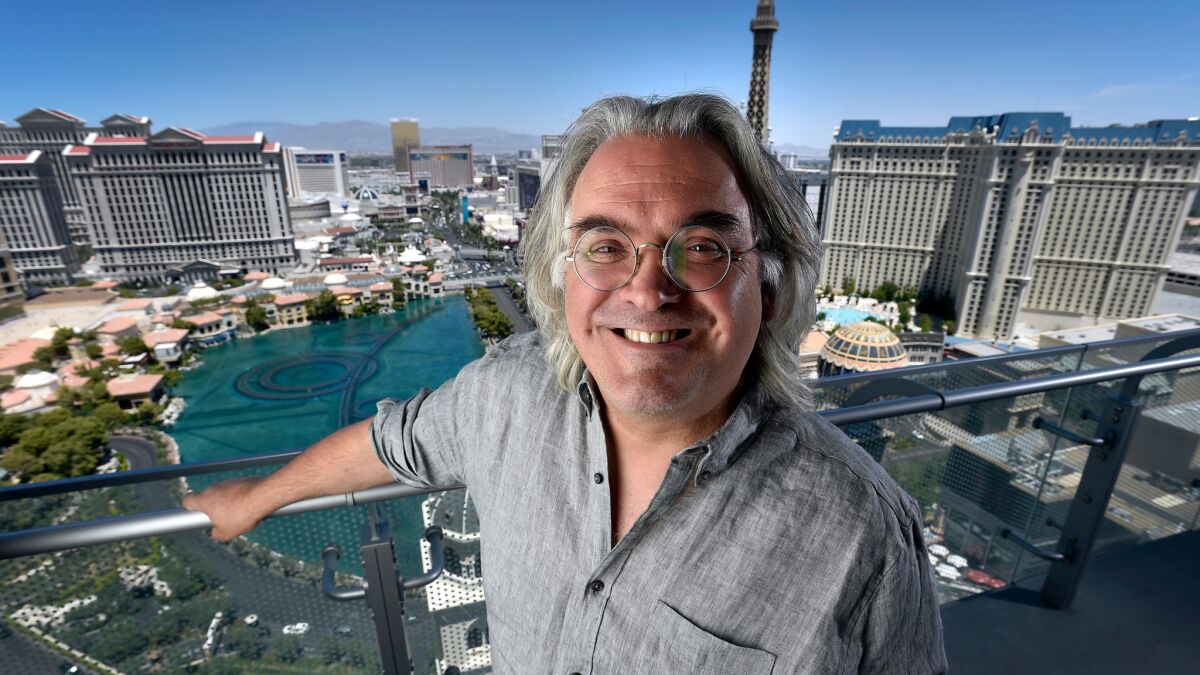 Director Paul Greengrass looks over the Las Vegas Strip from the 38th floor of the Cosmopolitan of Las Vegas on July 18.