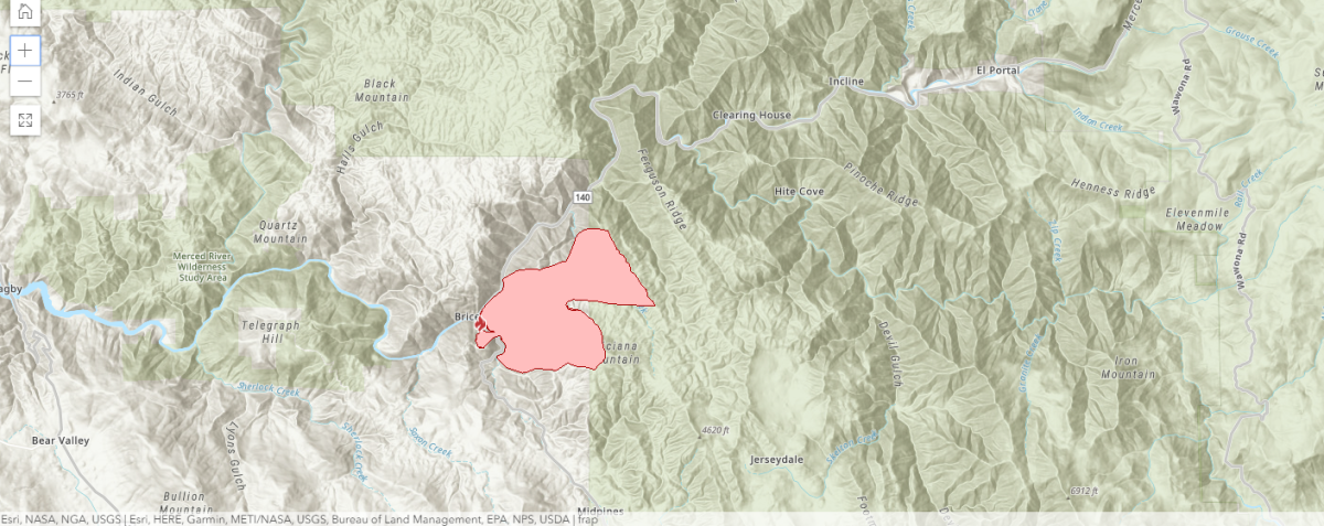 An approximate perimeter of the Bricebrug fire, which started Sundaynorth of Midpines and has grown to 4,400 acres.