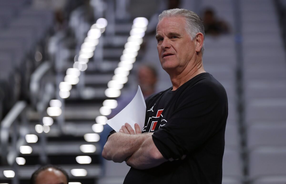 SDSU coach Brian Dutcher at practice at Dickies Arena before the Aztecs' first-round game against Creighton.