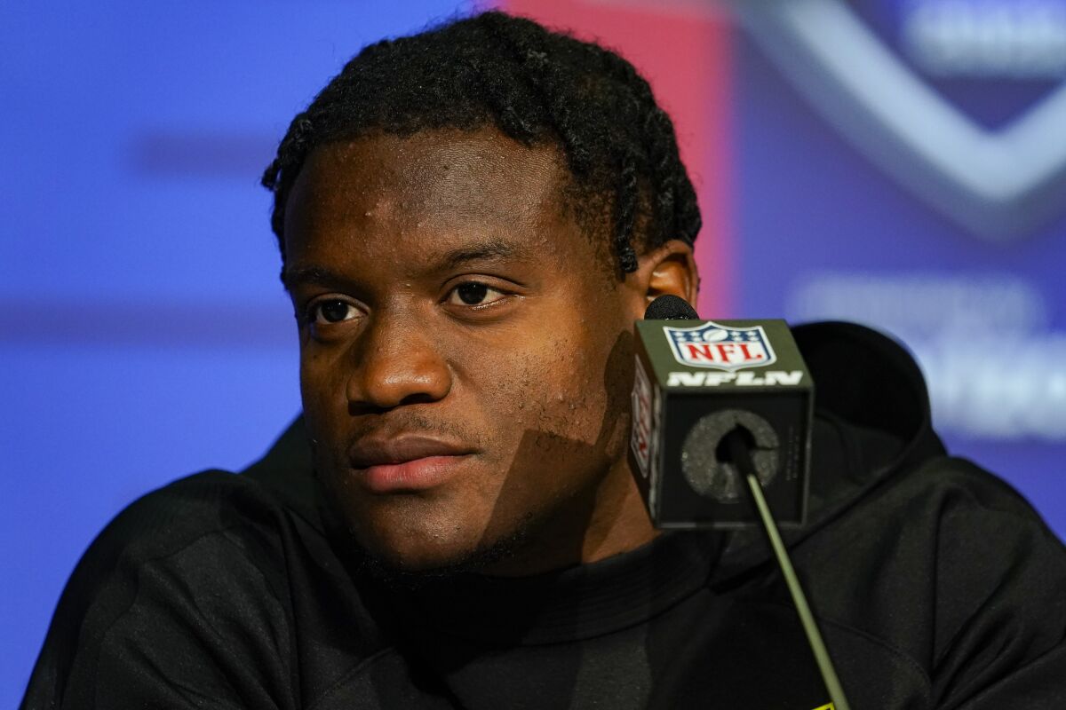 Michigan State running back Kenny Walker III speaks during a press conference at the NFL football scouting combine in Indianapolis, Thursday, March 3, 2022. (AP Photo/Michael Conroy)